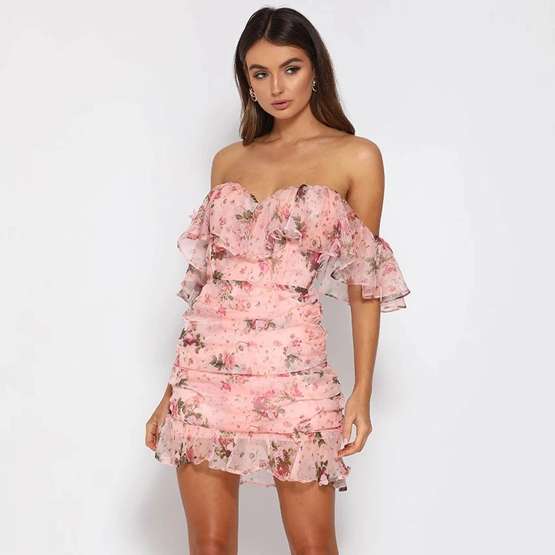 Рисунком Ruched шифон женщины платье Ruffle off плечо элегантные короткие втулки Sexy Party пружину летней одежды