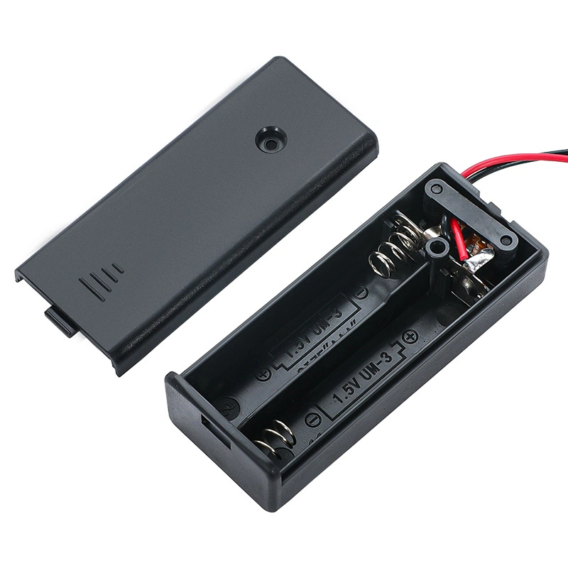 2AAA Plastic Battery Case with Cover and Switch, Black 2AAA Battery Case Holder with Lead Wire