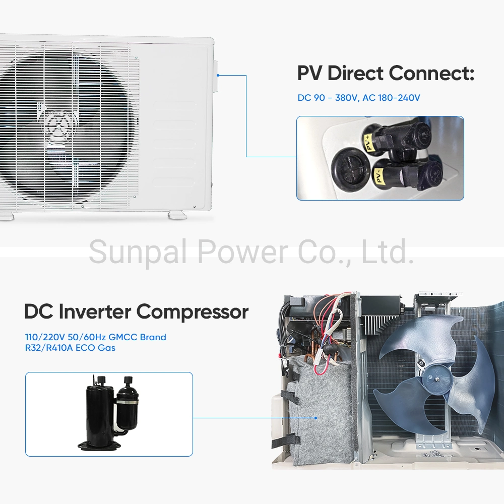 100% AC DC Hybrid alimentada a energia solar Inversor do Condicionador de Ar da Bomba de calor dos preços do Sistema Quarto Office Casa e uso doméstico