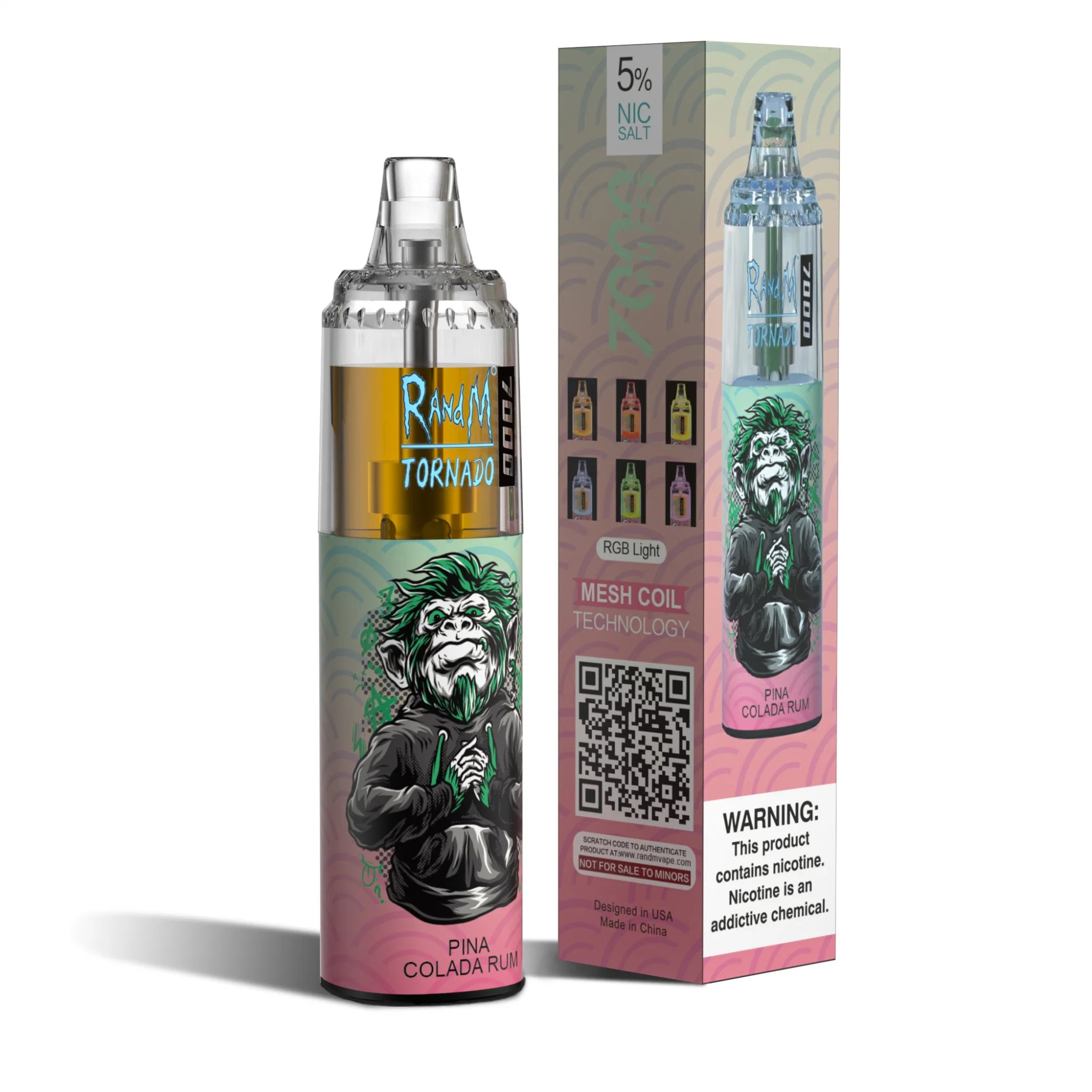 Auténtico Randm Tornado 7000 Puffs 14ml E-Liquid 0% 2% 5% Nicotina con código de barras verificado desechable VAPE pluma malla bobina