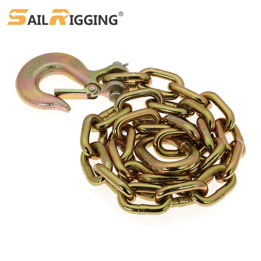 3/8 Galvanized G70 Cargo Tie Down Link Chain Lashing Chain with Clevis Grab Hook Tailer Tractor Chain Yellow Zinc Chromate