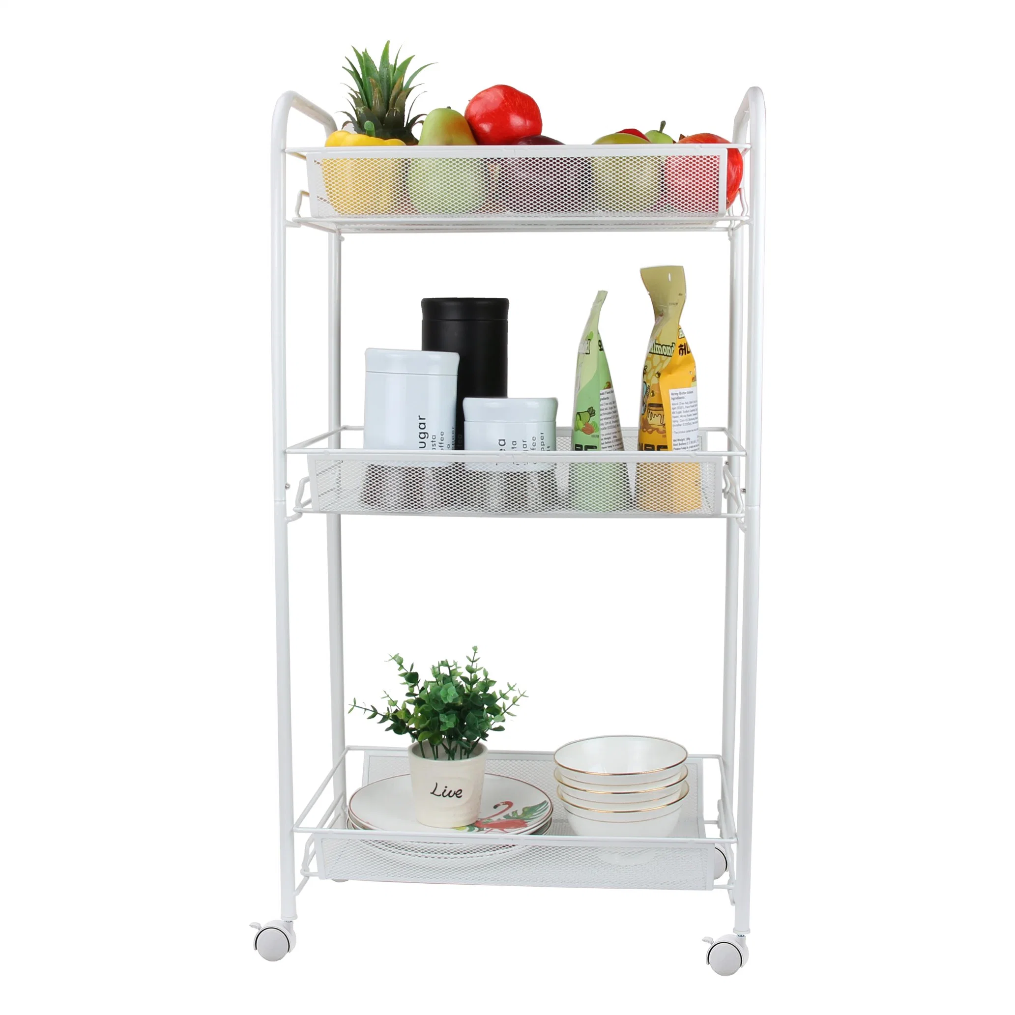 Home Use 3 Tier Metal Mesh Utility Rolling Cart Kitchen Wire Vegetable Basket Storage Trolley