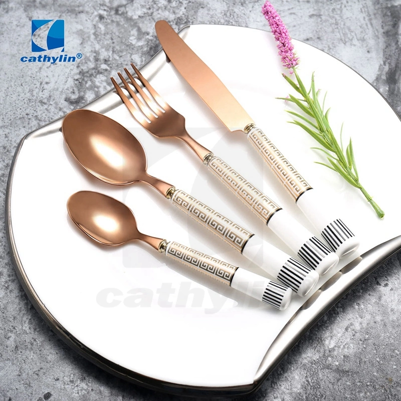 Chinese Style Stainless Steel Wedding Fork Spoon Cutlery Set with Ceramic Handle