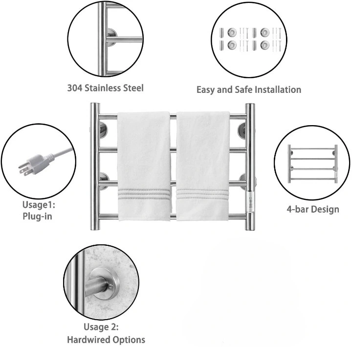 Calentador de baño de fábrica 4 barras toalla calentada montada en pared Bastidor