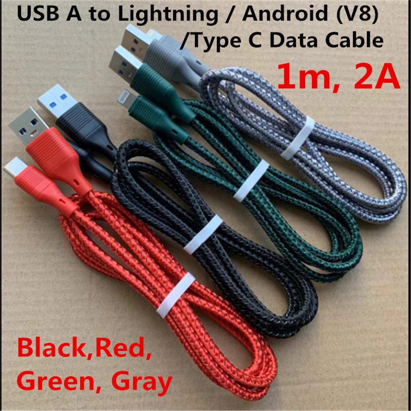2A 1m Fast Charge Charging Charger USB a to Lightning Micro V8 Android Type C Charging Cables Woven Nylon Standard Copper 4 Cores Charging Data Cable