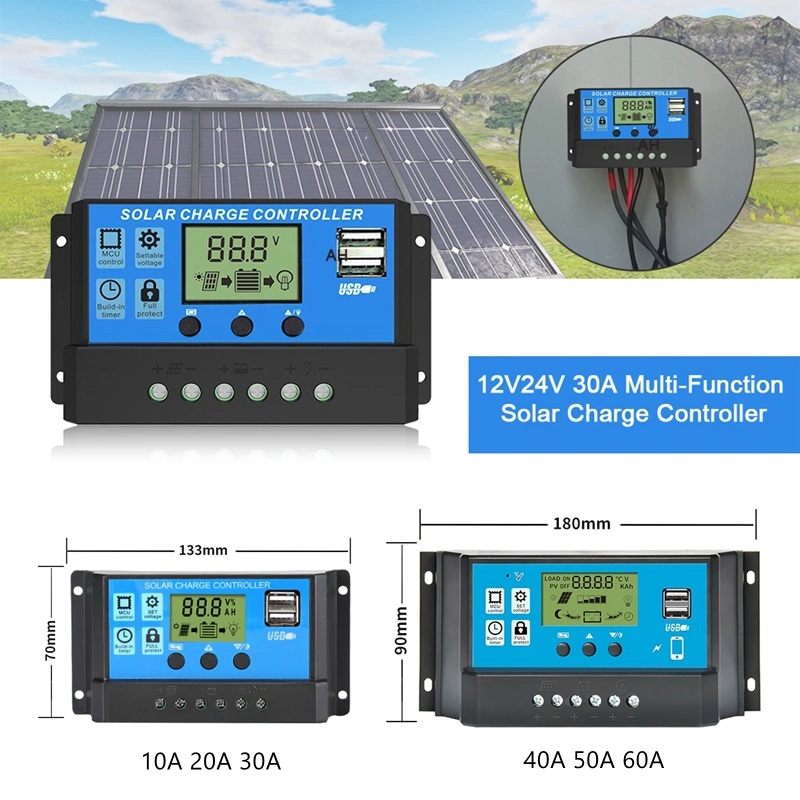 Regulador de panel solar inteligente 24V 12V DC lámpara de salida 10A 30A 50A 60A 20A Controladores de carga solar PWM manual