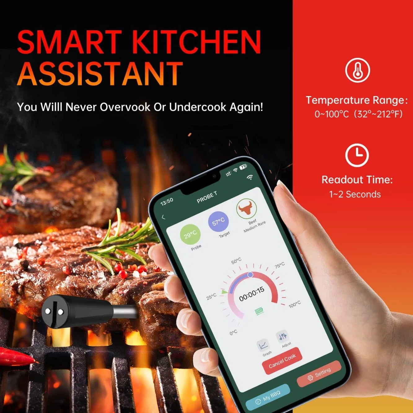 Cozinha à prova de temperatura inteligente Bluetooth de longo alcance atualizada com alimentação à prova de água Termómetro para termómetros de carne verdadeiramente sem fios para churrasco