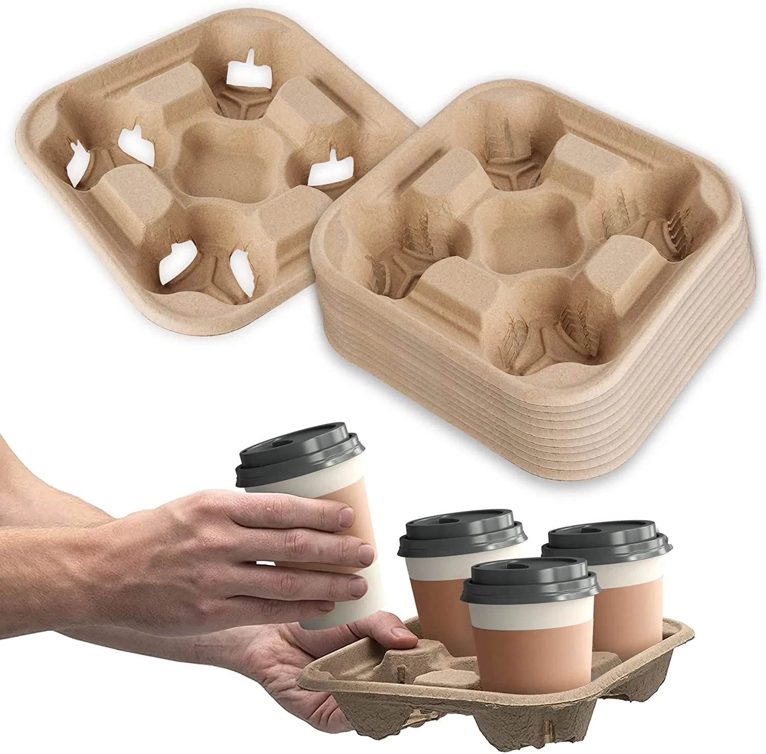 4-Cup Pulp Fibra de bebidas Bandeja portacubetas biodegradable, compostable Portacubos desechables Caja de transporte para bebidas para conductores de entrega y viaje