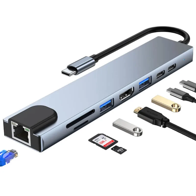 موزع USB 8 في 1 USB-C لدعم الكمبيوتر المحمول محول HDMI+RJ45/USB/PD 87W/SD/TF/PD