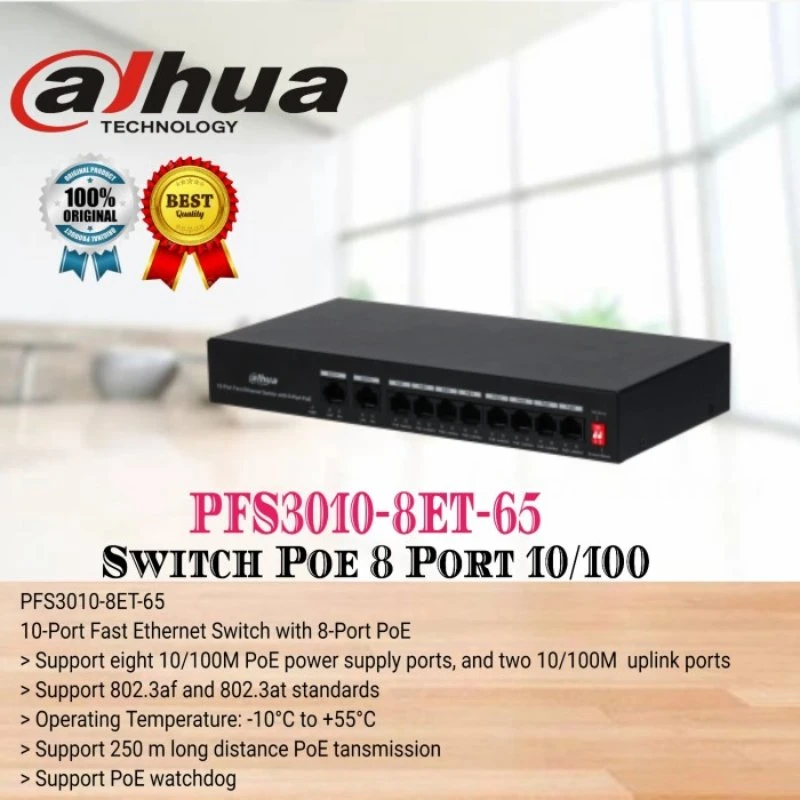 Pfs3010-8et-65 10 Puerto Fast Ethernet Switch 8 Puerto Poe Dahua PoE Watchdog con transmisión de poe de larga distancia de 250 m.