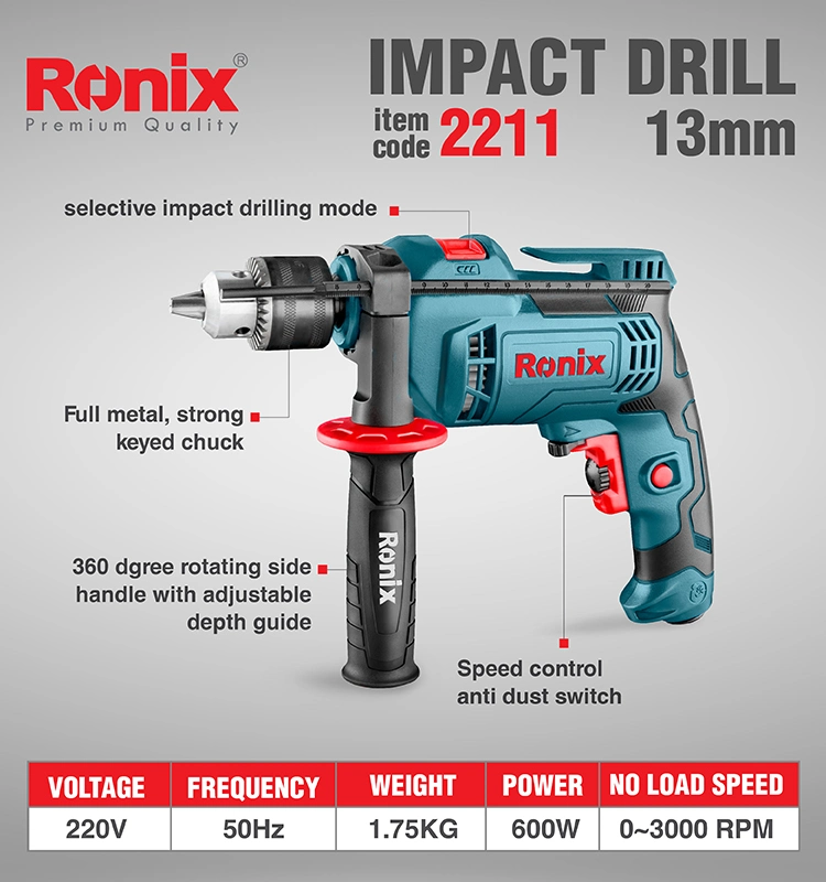 Ronix 2211 Модель 600 Вт Power Tools Drill Electrical Drilling Machine Набор ударных сверл 13 мм для домашнего использования