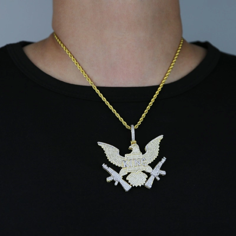 New Design Iced out Micro Paved Bling CZ Letters King Eagle Pendant Gold Plated Necklace Hiphop Men Jewelry