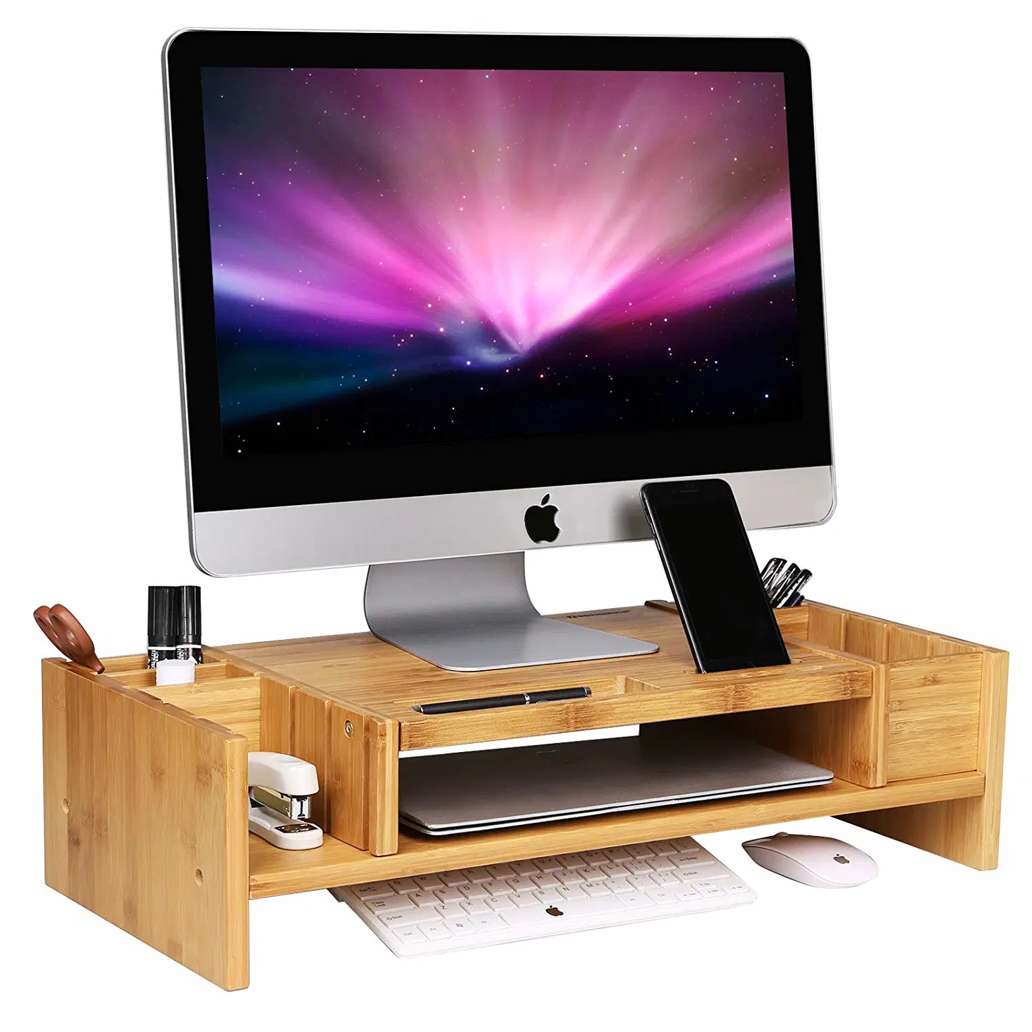 Monitor Stand Riser with Drawers, Sturdy Desk Organizer Laptop Stand with Keyboard Storage, Office Computer