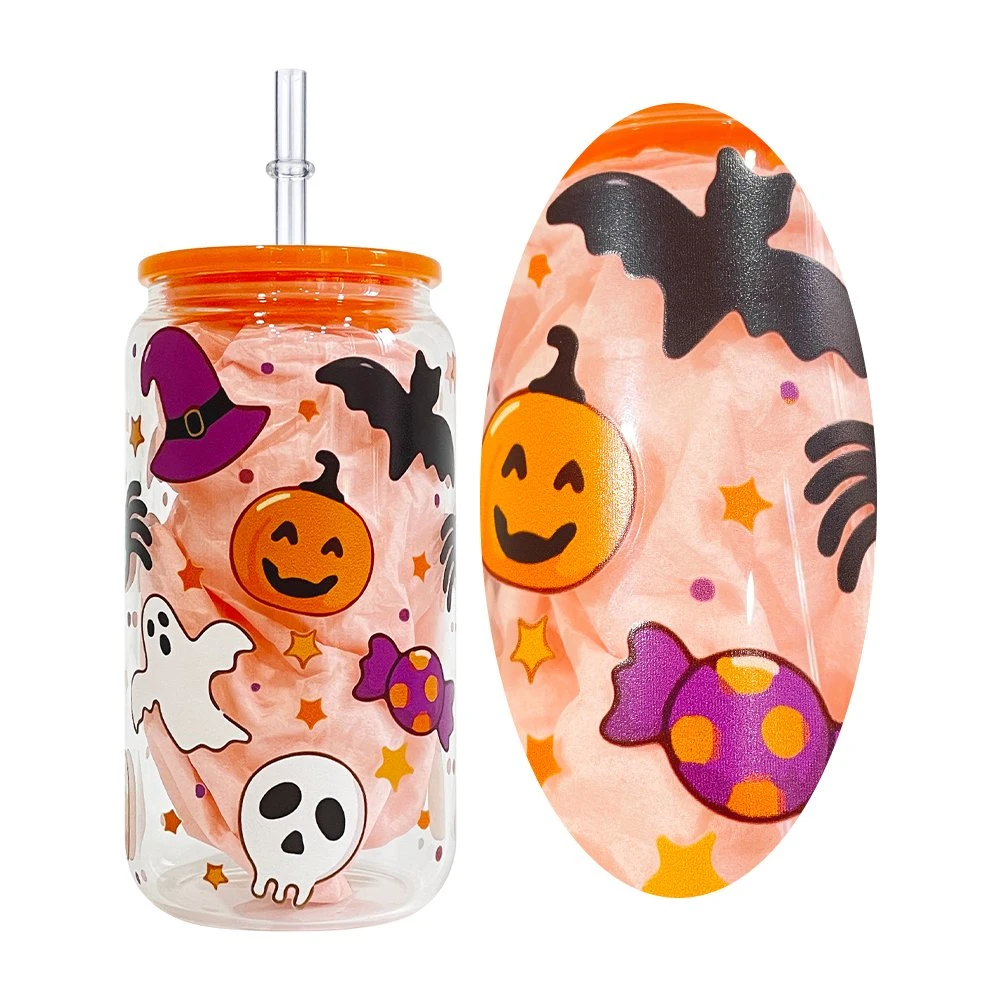 16oz Halloween Design 3D Touch UV Printing Pumpkin Skull Ghost Spider Web Printed Orange Black Color Plastic Lid Beer Glass Can