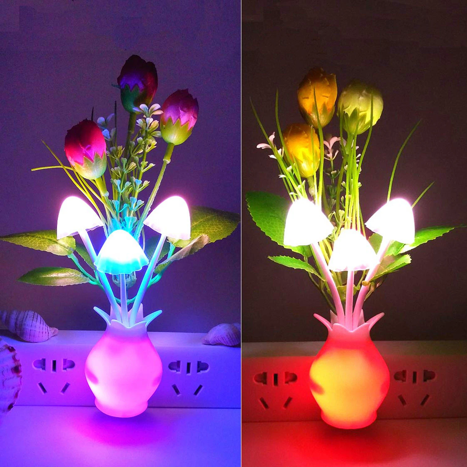 Mushroom Night Light Tulip Flowers Plug-in Mushrooms Colors Changing Nightlight