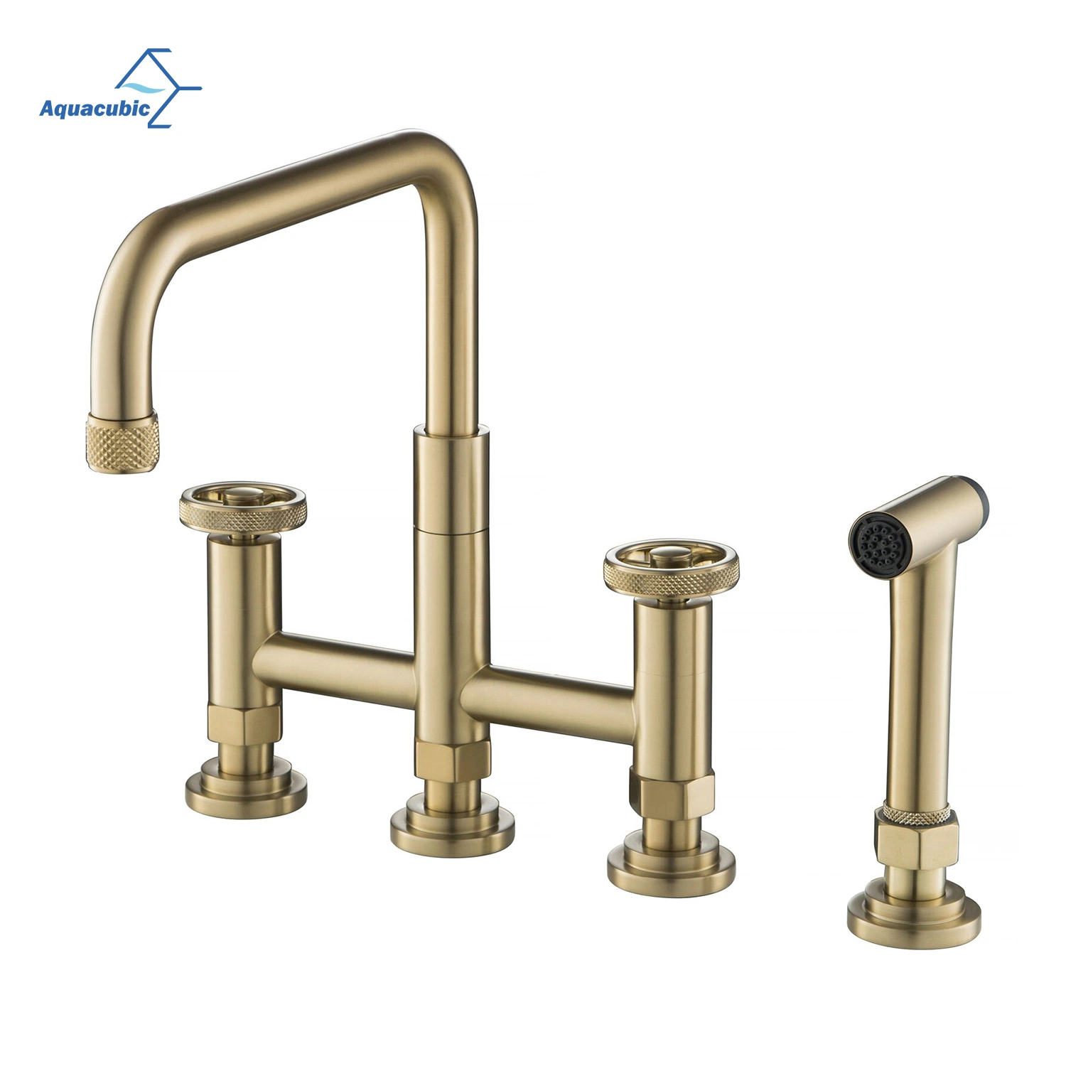 Aquacubic Swiveling Spout Solid Brass Bridge Bar Faucets, 2 Handle with Side Sprayer for Kitchen