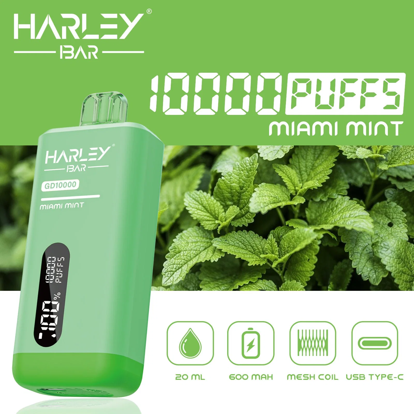 2024 Nueva pantalla LED original de fábrica desechable vape Harleybar Gd10000 Soplos