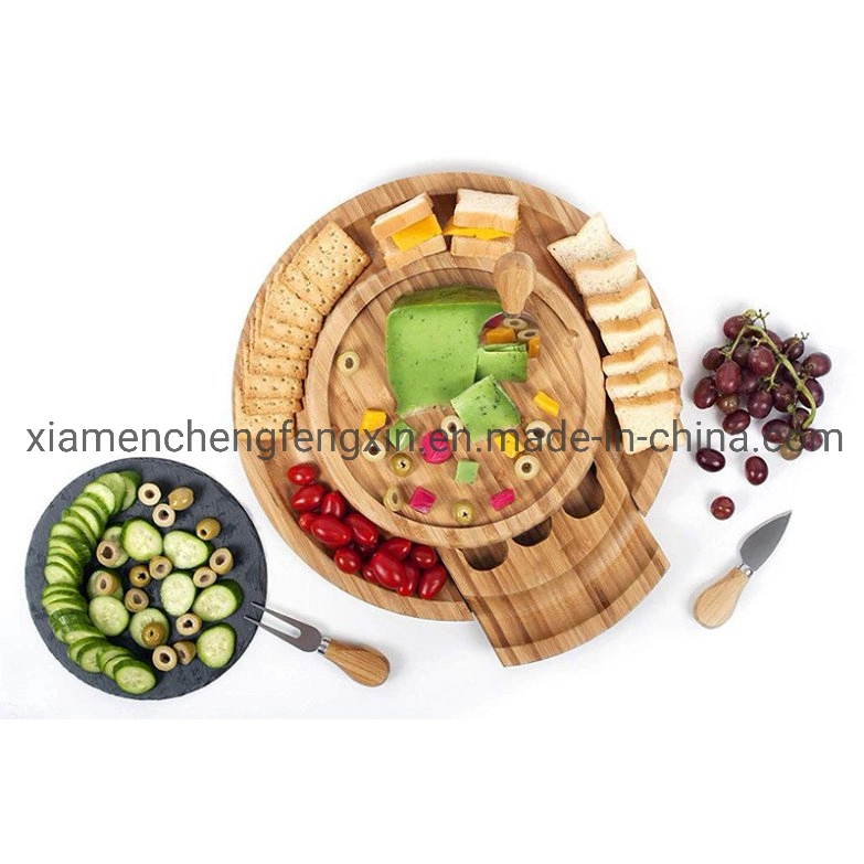 Wholesale Kitchen Round Bamboo Cheese Board with Slate Board, Three Knives and Magnetic Design Slide-out Drawer