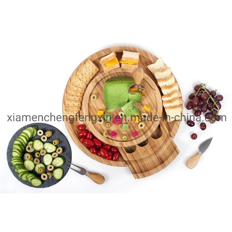 Wholesale/Supplier Kitchen Round Bamboo Cheese Board with Slate Board, Three Knives and Magnetic Design Slide-out Drawer