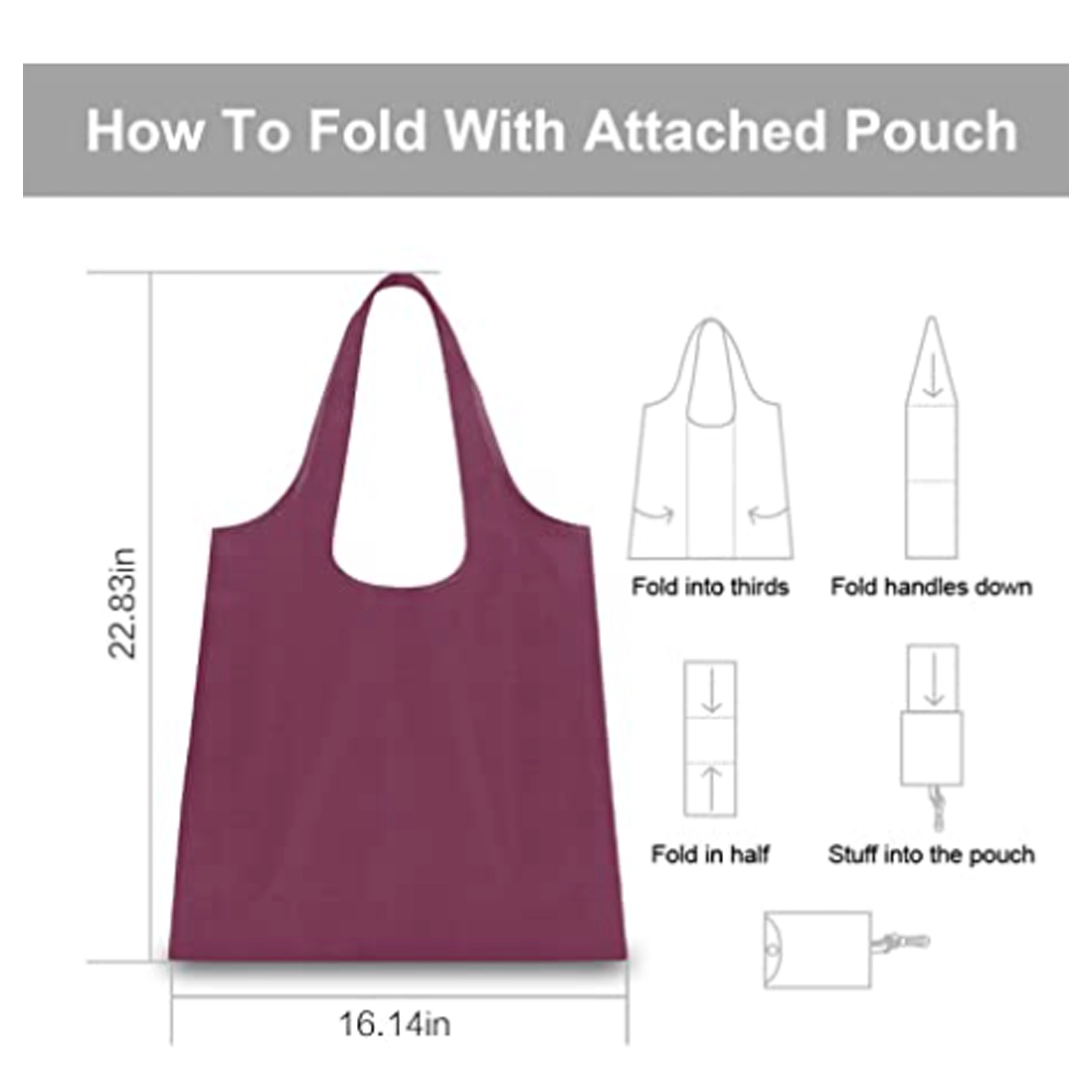 Reusable Grocery Bags Machine Washable Lightweight Folding Convenient with Attached Pouch Wine Pink Navy Grey Teal