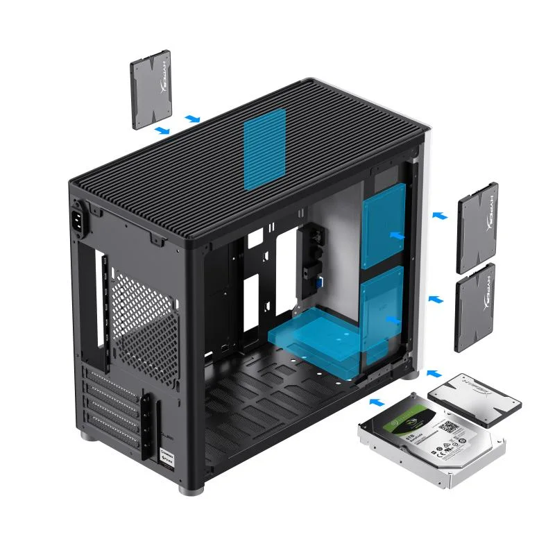 Conception du module de boîtier d'ordinateur avec flux d'air vertical à double cube en verre