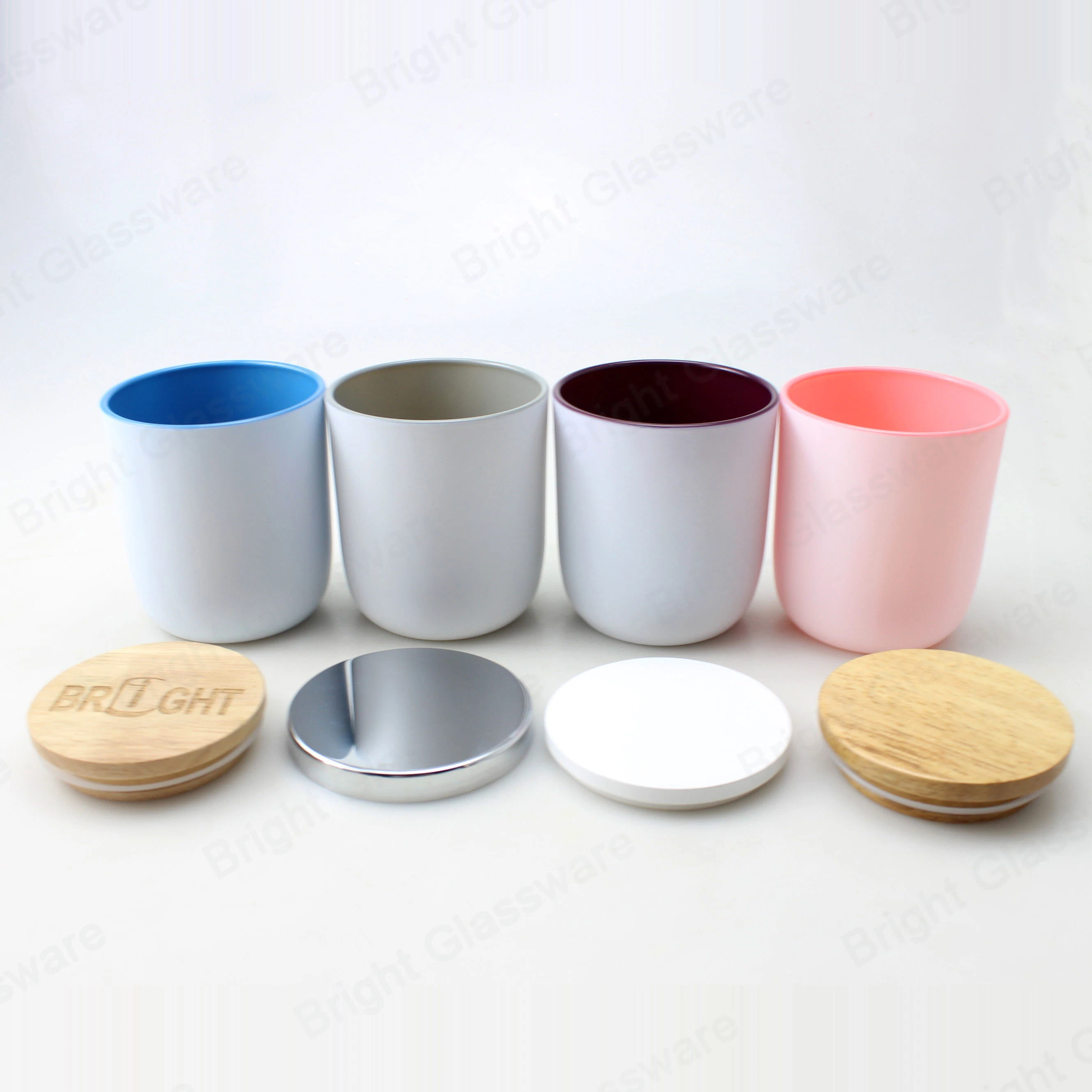 Wholesale/Supplier Customize White Pink Blue Painting Glass Candle Holder with Wooden and Metal Lids