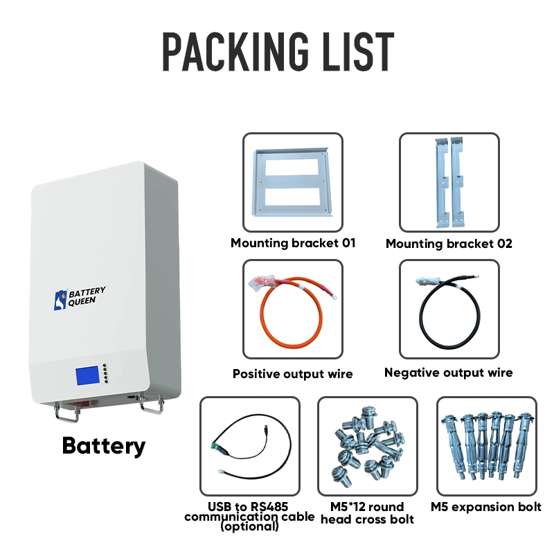 Battery Queen King Wall Mounted A Grade Power Wall 48V 100ah 200ah 5kwh-80kwh Solar Energy Storage Backup Power