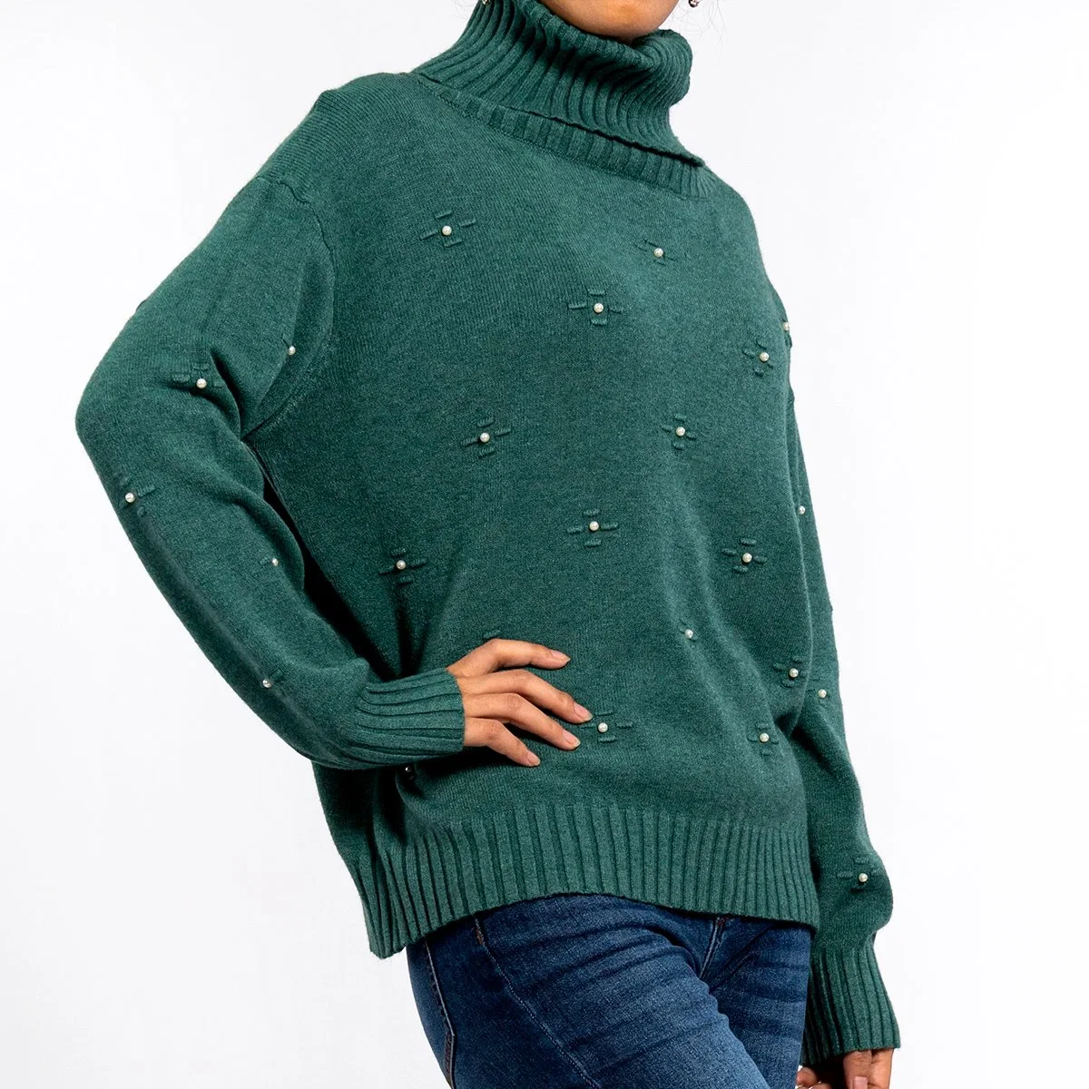 Women's High Neck Three-Dimensional Embroidery Pearl Long-Sleeved Green Sweater Pullover