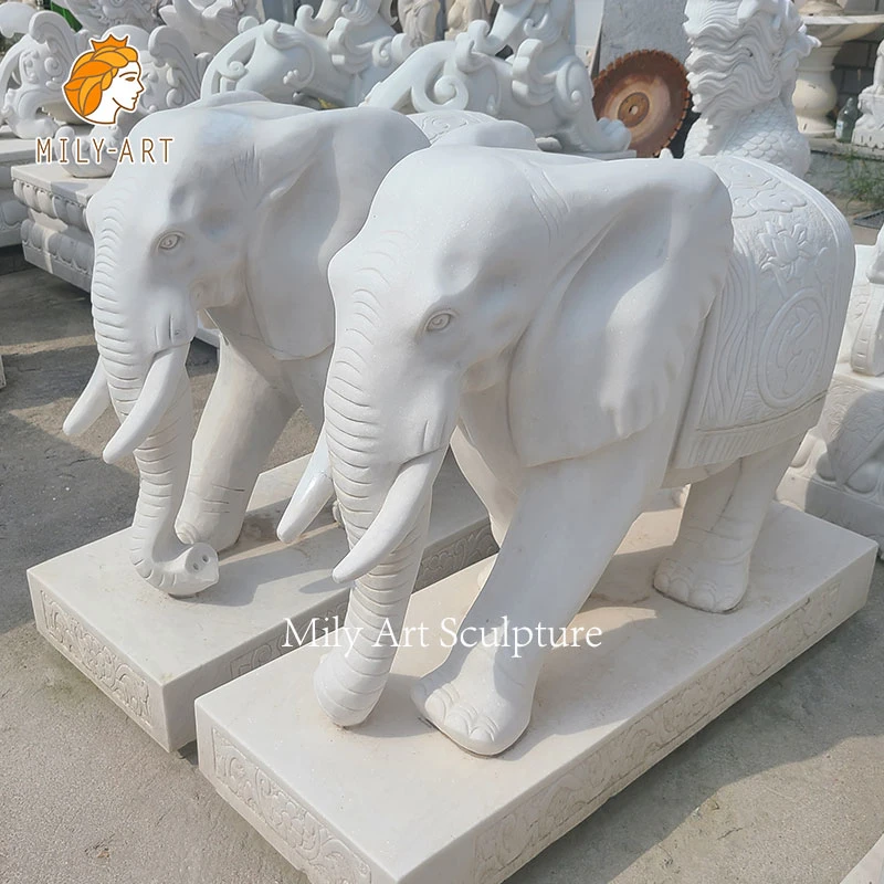 Customized White Marble Elephant Decorated Statues for Sale