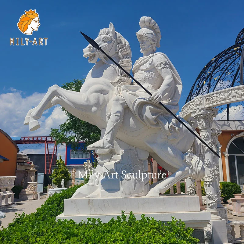 Decoración Jardín Blanco mármol Guerrero Estatua Dragon Slayer Fighter Sculpture