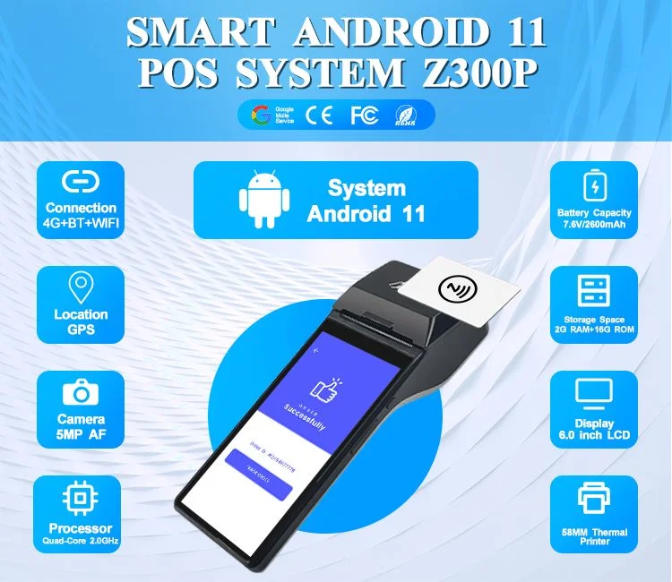 6-Inch Touch Screen NFC Android 11.0 Handheld POS Terminal with Printer Z300p