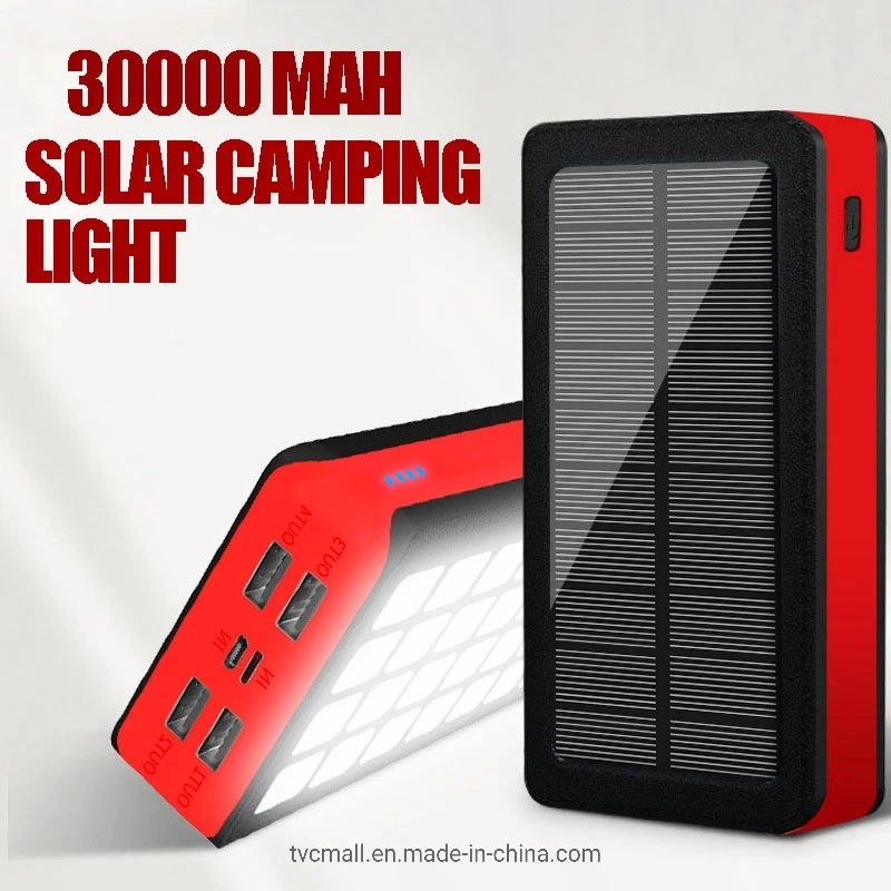 PS900 30.000mAh de energía solar de 4 puertos USB 32 LED Banco Camping Cargador de teléfono de la luz de batería externa (CE) Diplomados - Rojo