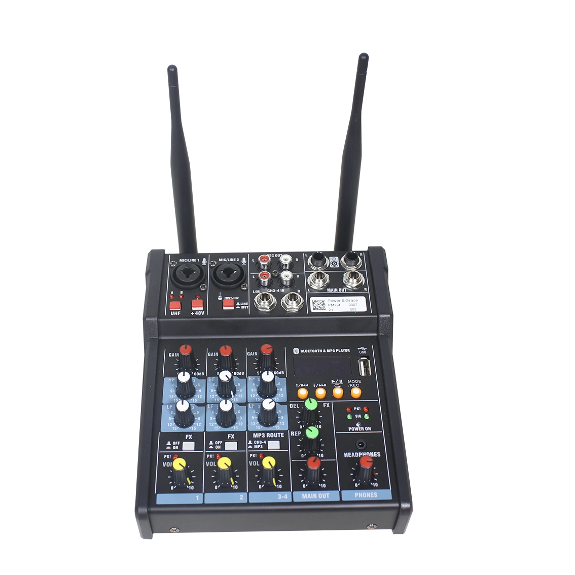 Professional Audio 4 Channels Blue-Tooth Built-in Amplifier Audio Mixer Audio with 2 PCS Wireless Handheld Microphones