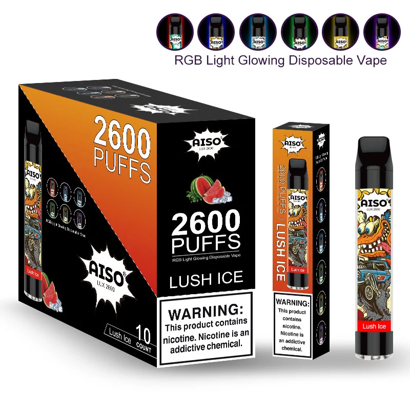 2600 Puffs Flavour Vape E-Liquid Round Drip Tip Rechargeable RGB Flashing