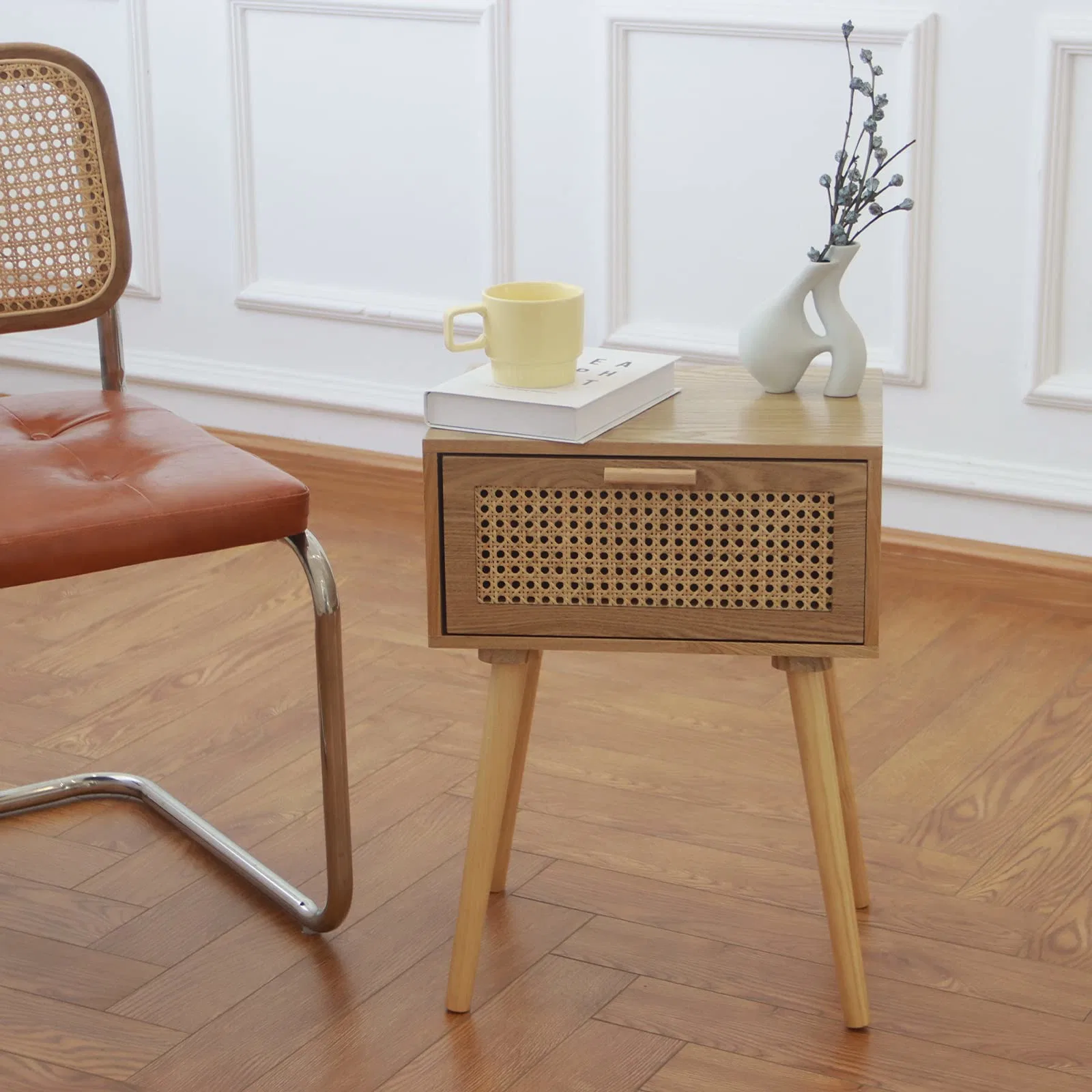 Table with Storage and Solid Wood Legs for Bedroom Living Room Small Space, Easy Assembly (Natural Walnut)