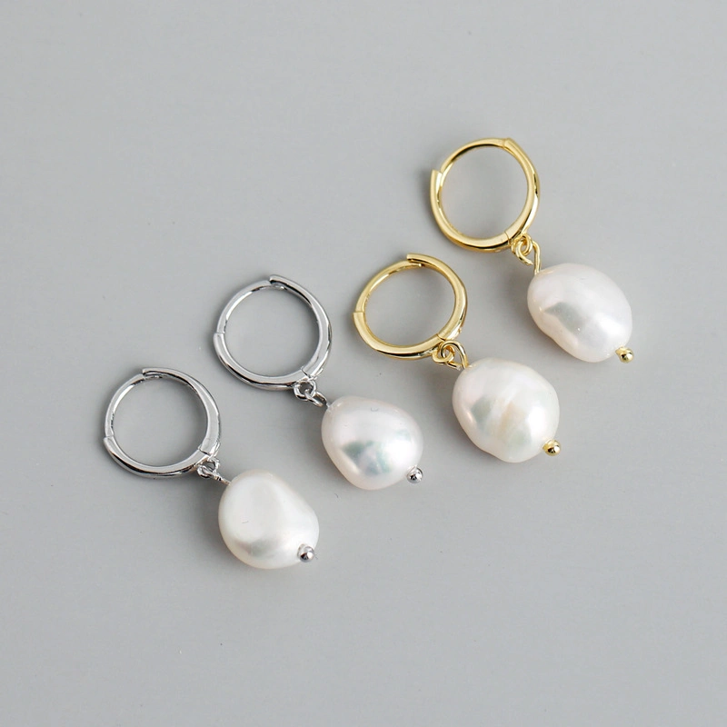 925 Sterling Silver 18K Gold Plated Irregular Baroque Fresh Water Pearl Drop Earrings