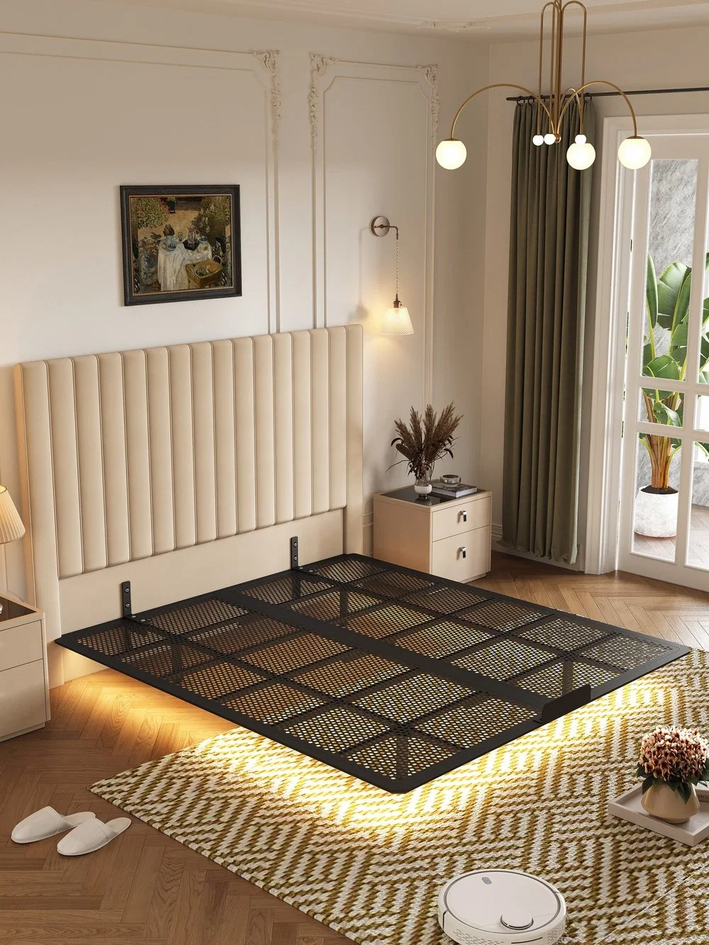 Novo design com lâmpada de indução, base em aço, quarto de cor opcional Cama