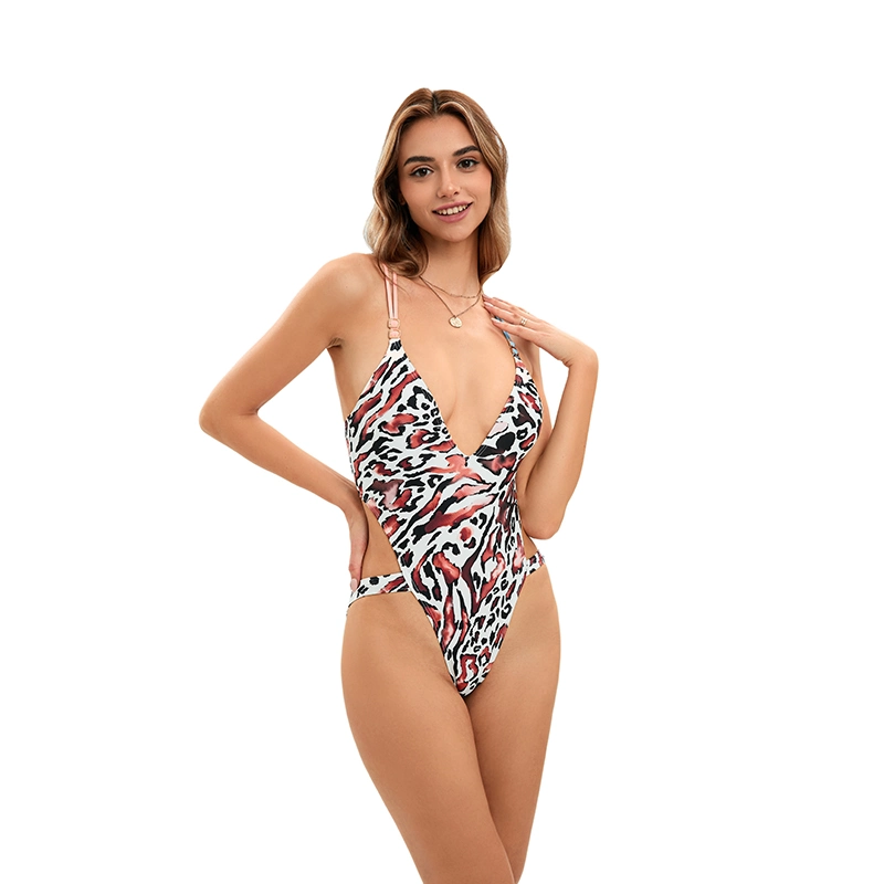 Leopard Print Beachwear One Piece Swimsuit V Neck Swimwear