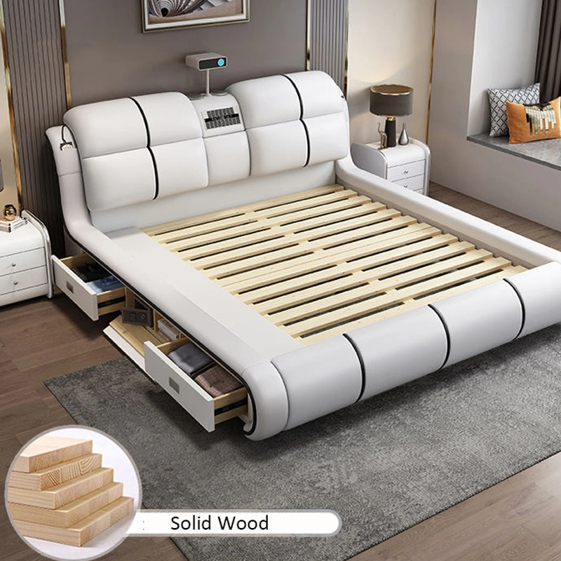 Hot Sale High End Modern Luxury Genuine Leather Multifunctional Smart Bed with Massage and Projector TV Home furniture