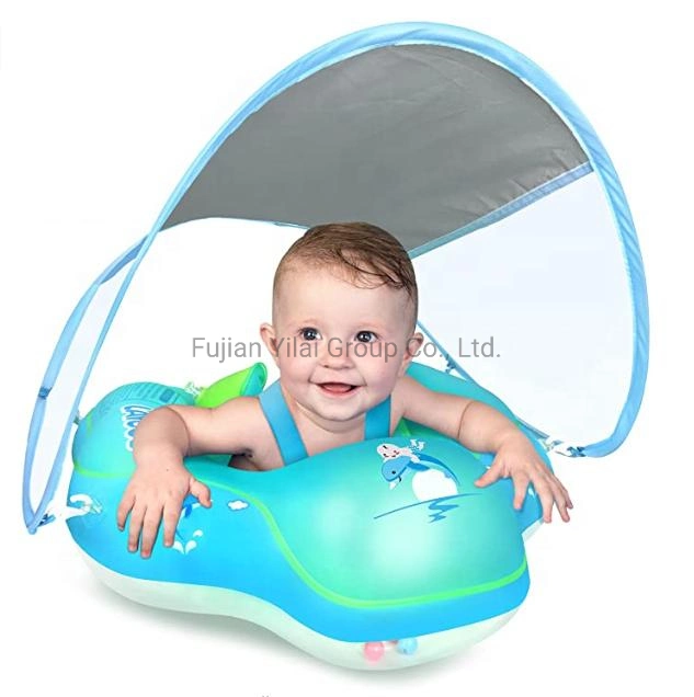 Baby Swimming Float Inflatable Pool Float Ring with Sun Protection Canopy, Add Tail No Flip Over for Age of 3-36 Months