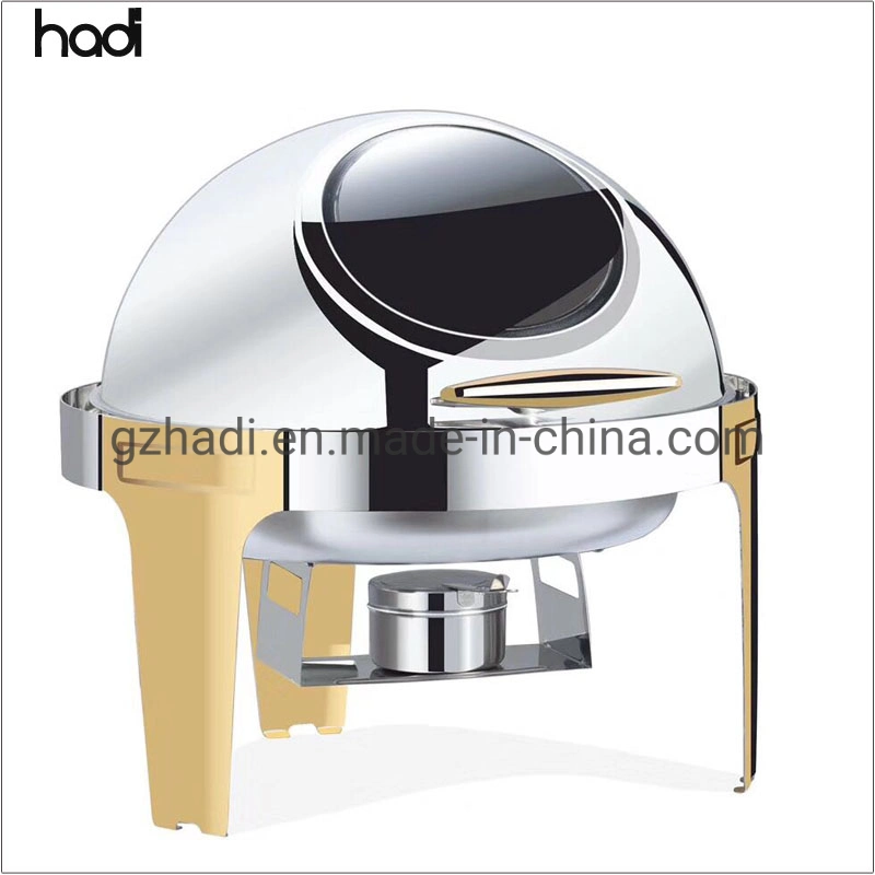 La fábrica para la fabricación de oro plato Chafer Roll Top Ronda roces chapado en oro de platos de comida tipo buffet caliente con ventana de cristal