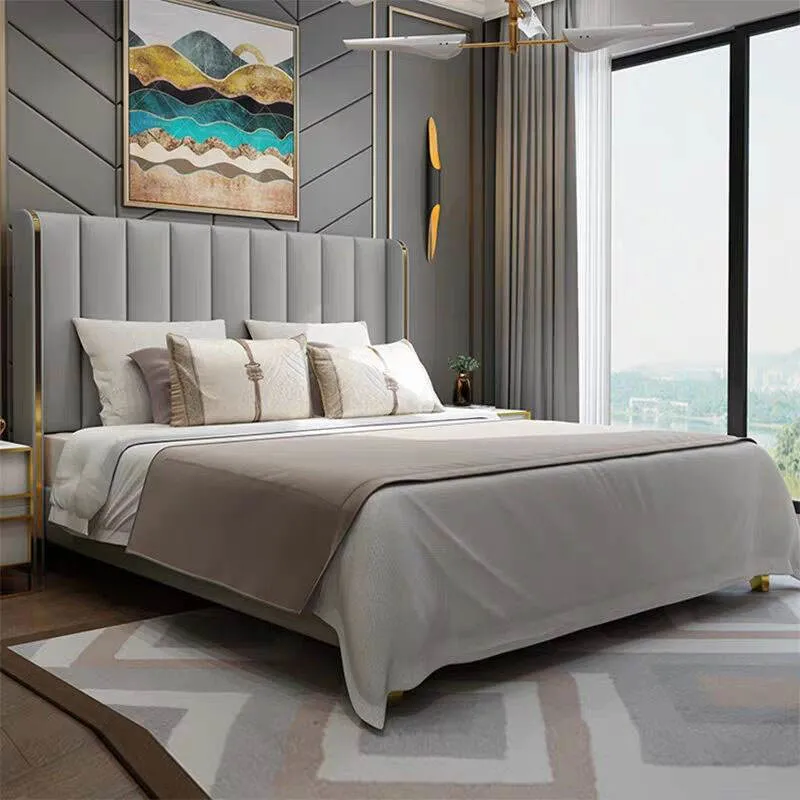 European Modern Light Luxury Stainless Steel Beds Queen Size Bed Luxury King Size Leather Bed