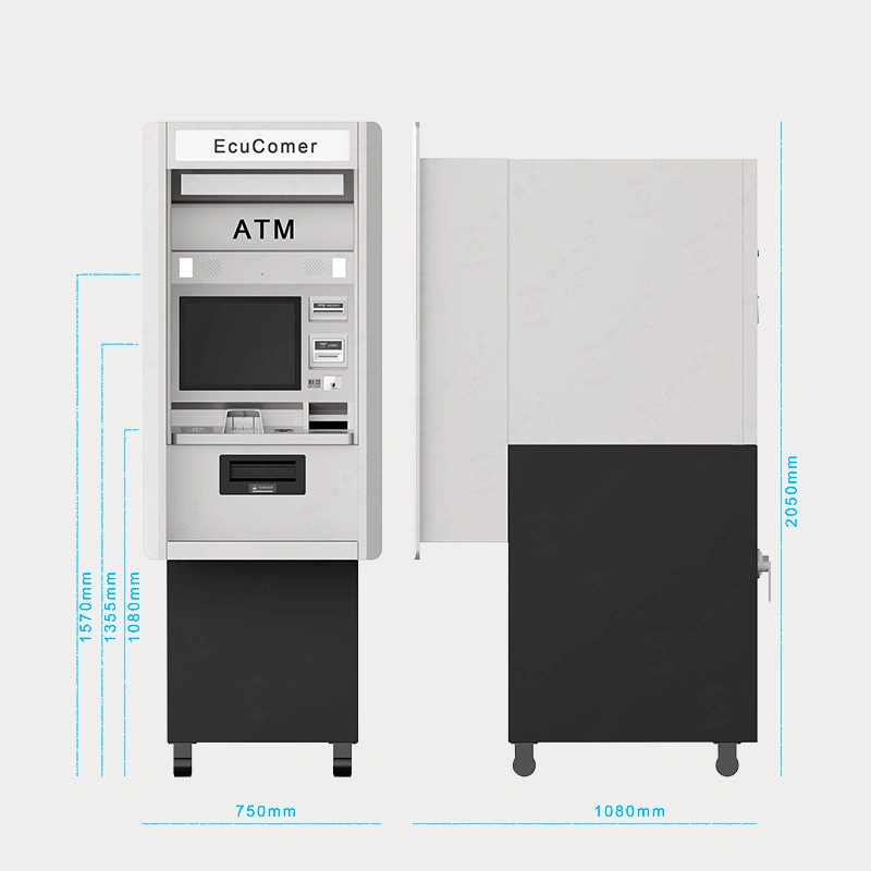 A través de la nota de la pared y la moneda dinero ATM para oficinas bancarias