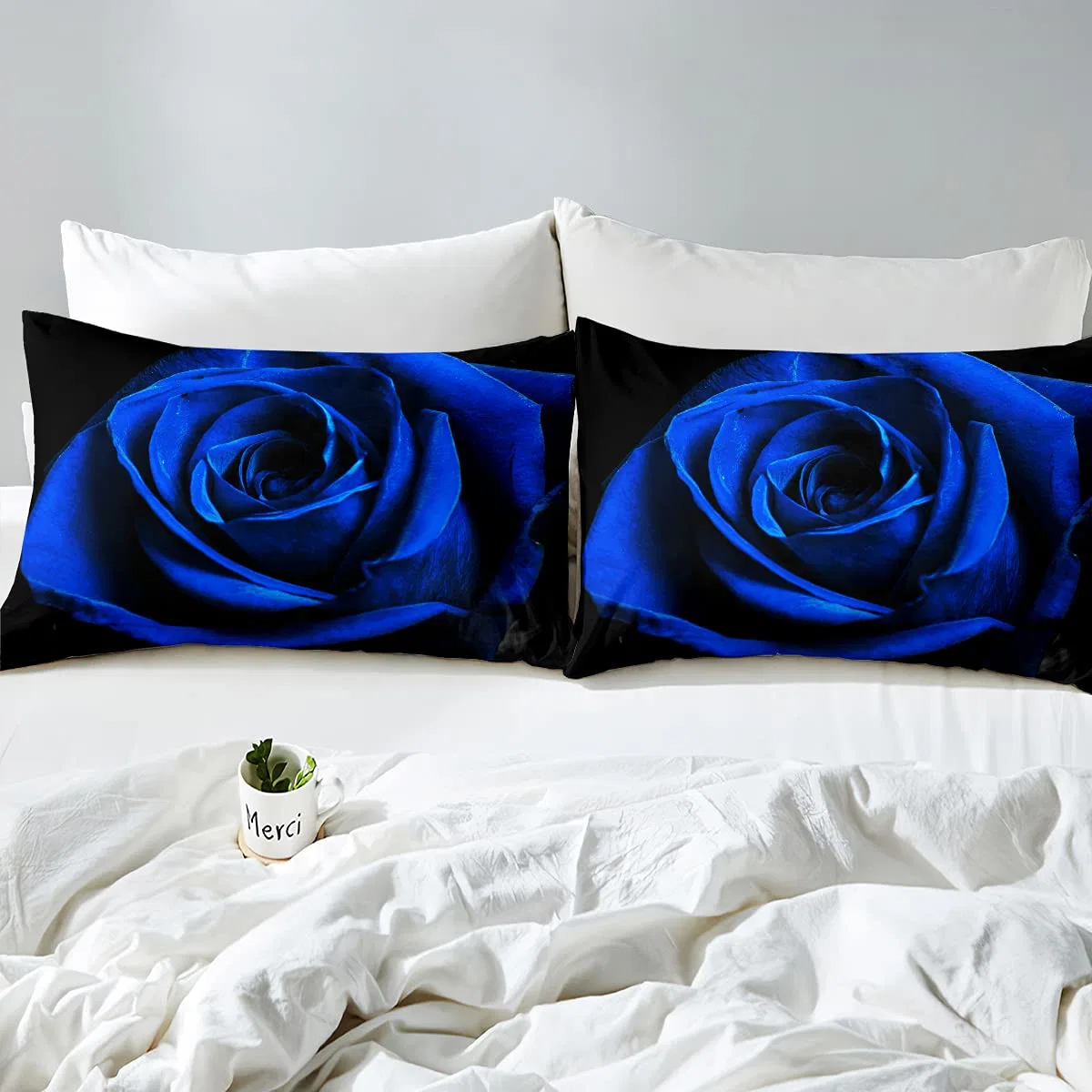 Valentine's Day Blue Rose Flower Bedding Set - Queen Size 3 Piece Romantic 3D Printed Duvet Cover Set with Cotton Cover and 2 Pillow Covers