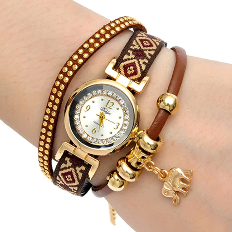 Women Fashion Gold Elephant Pendant Luxury Bracelet Watch Analog Quartz Wrist Watch Esg13645