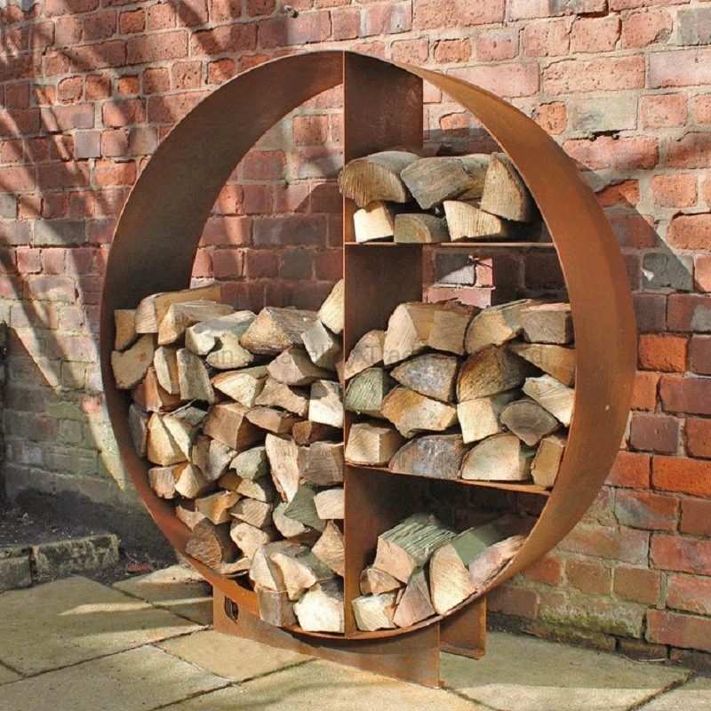 Metal Log Store Outdoor Round Wood Storage Stand in Corten Steel