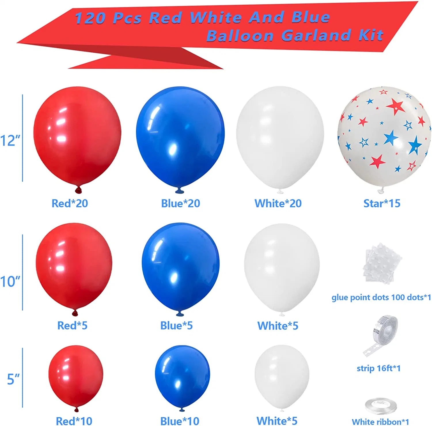 Balloons Garland Arch Kit - 120PCS 12in 10in 5in Red White Blue Star Latex Balloons for Anniversary Baseball Birthday Baby Shower Party Decorations