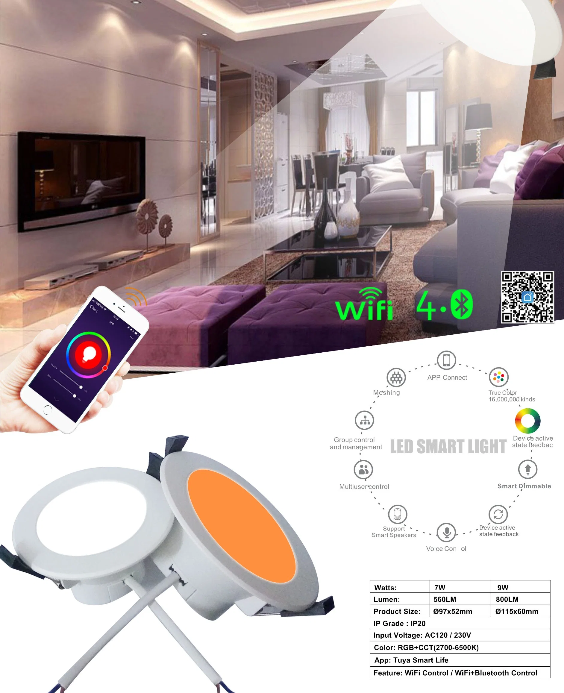 Hot Selling 7/9W LED Dimming Round Recessed Ceiling Spot Panel Lighting WiFi Tuya Remote Control LED Dimmable Downlight