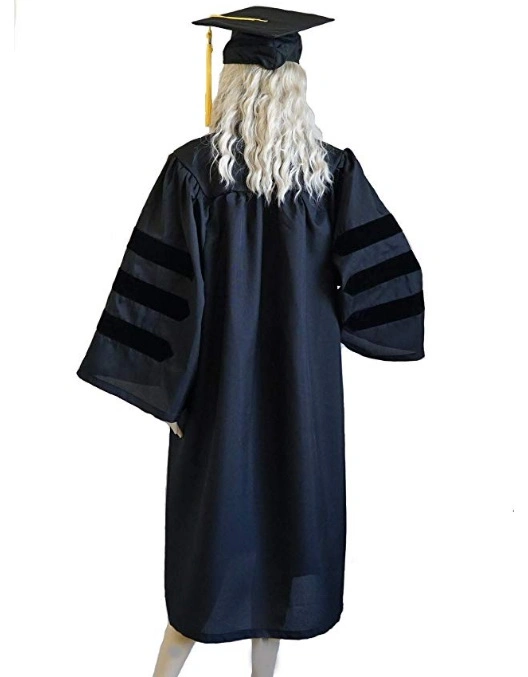 Regalia académica personalizada Unisex Deluxe negro vestido de graduación de doctorado con sombreros