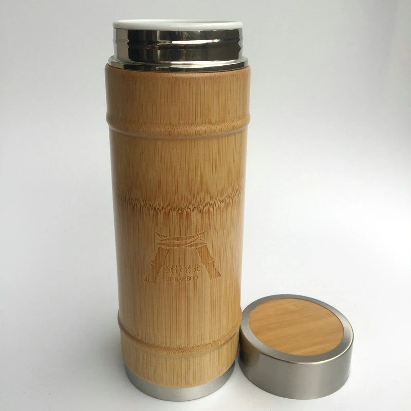 Comercio al por mayor 420ml Don térmico de acero inoxidable tapa roscada café té de bambú de doble pared Travel Mug con filtro